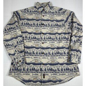 Vintage Woolrich Men Large Blue Gray Fishing Theme Pattern Long Sleeve Shirt